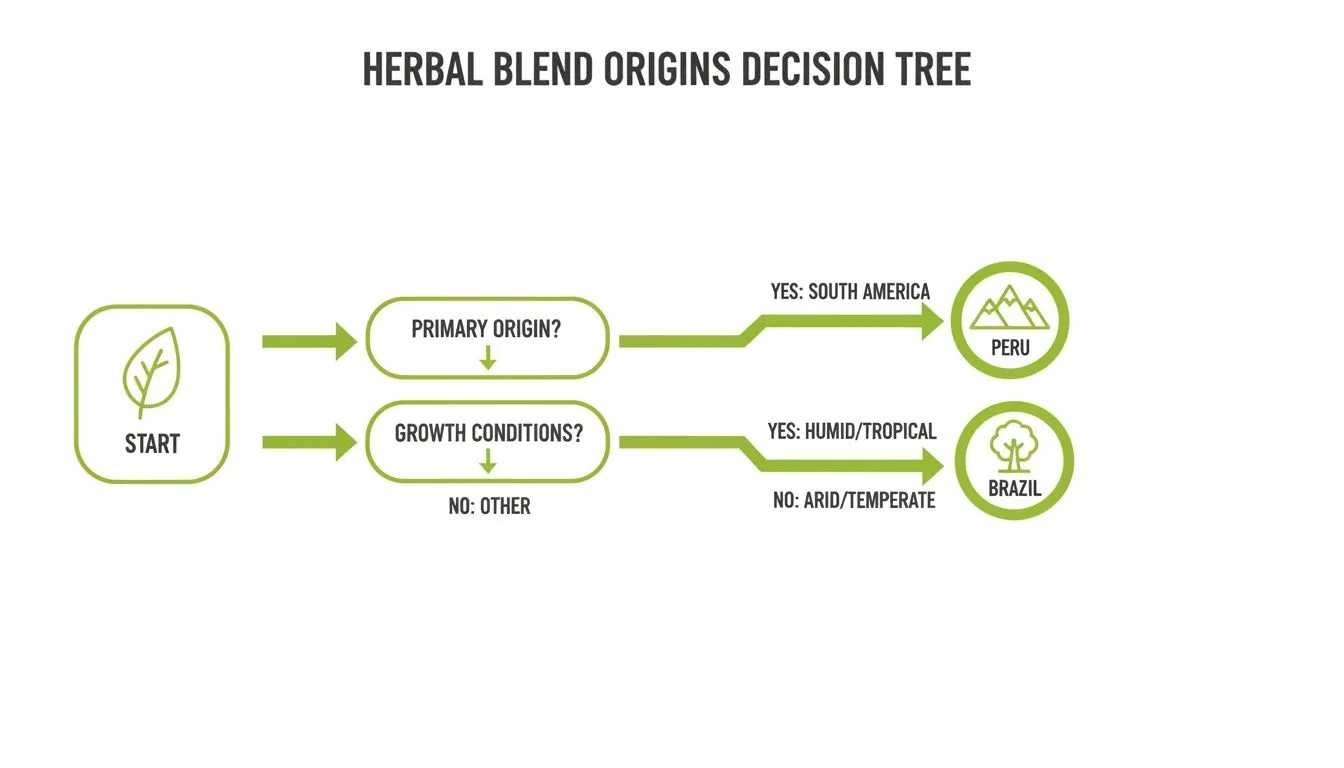Ein Entscheidungsbaum-Flussdiagramm mit dem Titel „Herbal Blend Origins“, das je nach Herkunft und Wachstumsbedingungen zu Peru oder Brasilien führt.