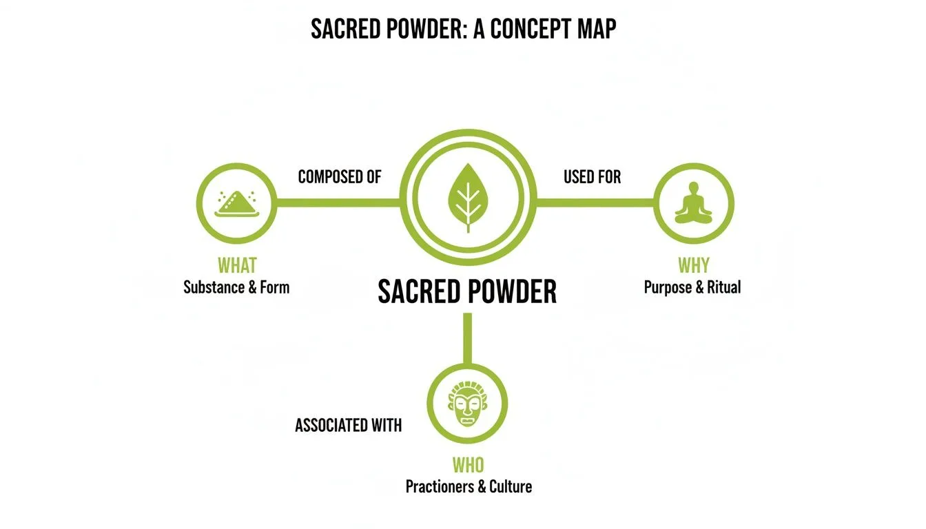 Eine Concept-Map, die das Was, Warum und Wer des heiligen Pulvers darstellt: Substanz, Zweck und Kultur.