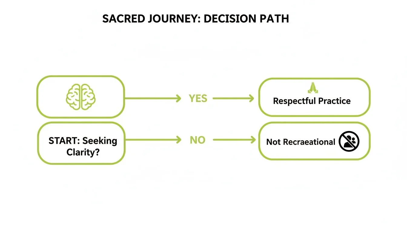 Flussdiagramm, das einen Entscheidungsweg für eine heilige Reise darstellt und zu respektvollen, nicht freizeitmäßigen Praktiken führt.