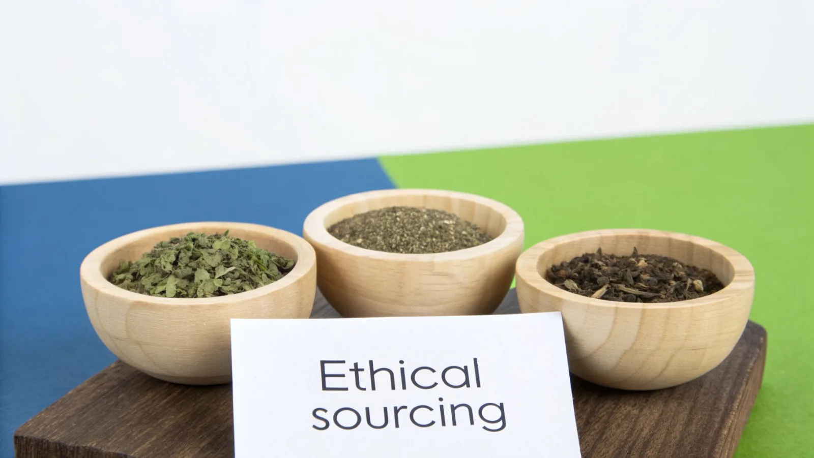 Drei Holzschalen mit getrockneten Kräutern und Gewürzen stehen auf einem Brett neben einer Karte mit der Aufschrift „Ethical sourcing“.
