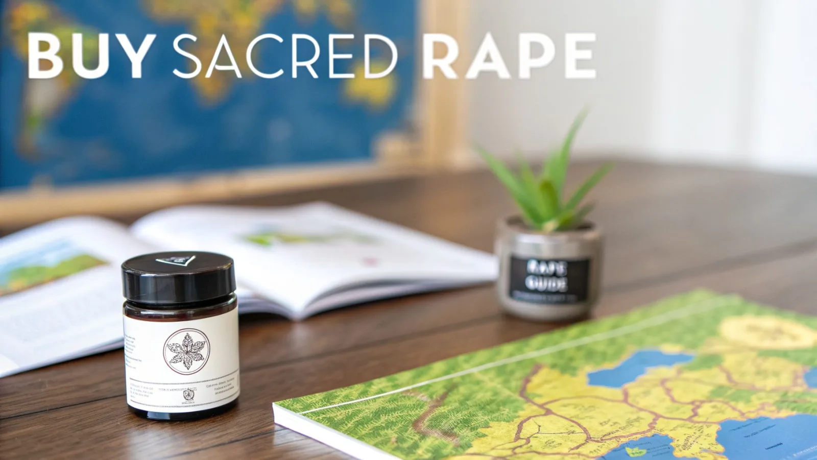 Der Schriftzug „BUY SACRED RAPE“ über einem Bild mit einem Produktglas, Landkarten, einem aufgeschlagenen Buch und einer Pflanze auf einem Schreibtisch.