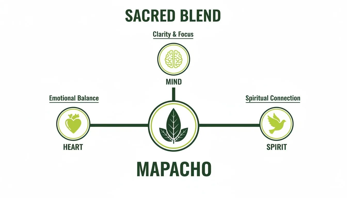 Diagramm, das Mapacho als heilige Mischung zeigt, die Geist, Herz und Seele für Klarheit, emotionales Gleichgewicht und spirituelle Verbindung stärkt.