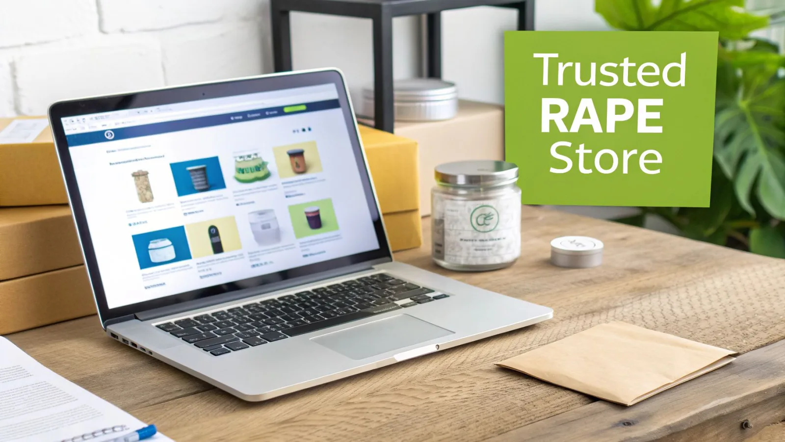 Ein Laptop auf einem Holzschreibtisch zeigt einen Onlineshop, daneben Kartons, ein Glas und ein gut sichtbares Schild „Trusted RAPE Store“.
