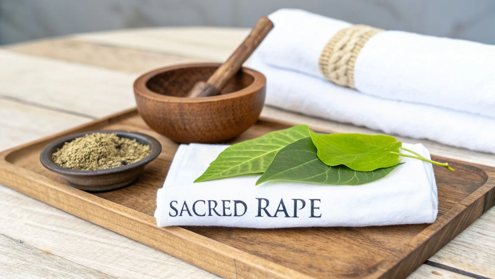 Ein Holztablett mit Kräuterelementen, Mörser und Stößel, grünen Blättern und einem Tuch mit der Aufschrift „SACRED RAPE“.