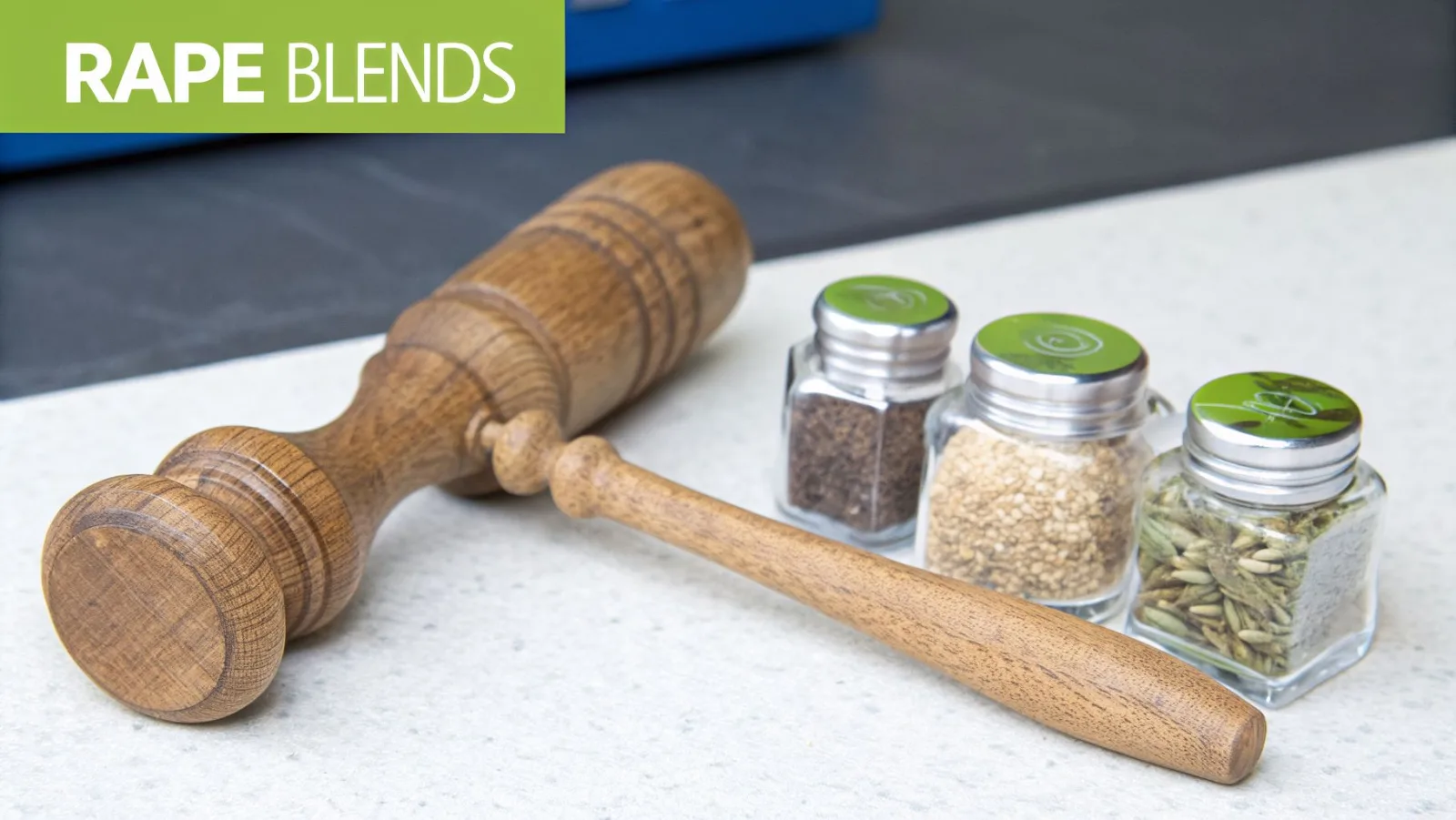 Ein hölzerner Stößel liegt neben drei Gläsern mit verschiedenen Samen, beschriftet mit „Rape Blends“.