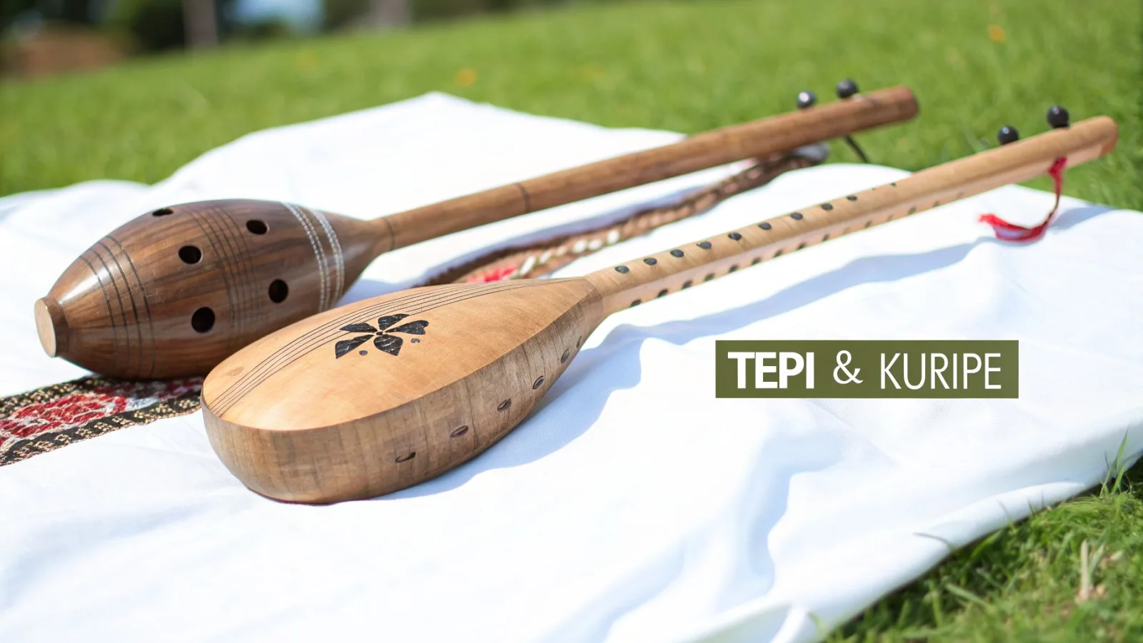 Zwei traditionelle Holzinstrumente, ein Tepi und ein Kuripe, auf einem weißen Tuch im grünen Gras.