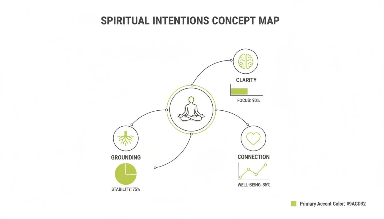 Konzeptkarte spiritueller Absichten mit Klarheit, Erdung und Verbindung samt Kennzahlen.