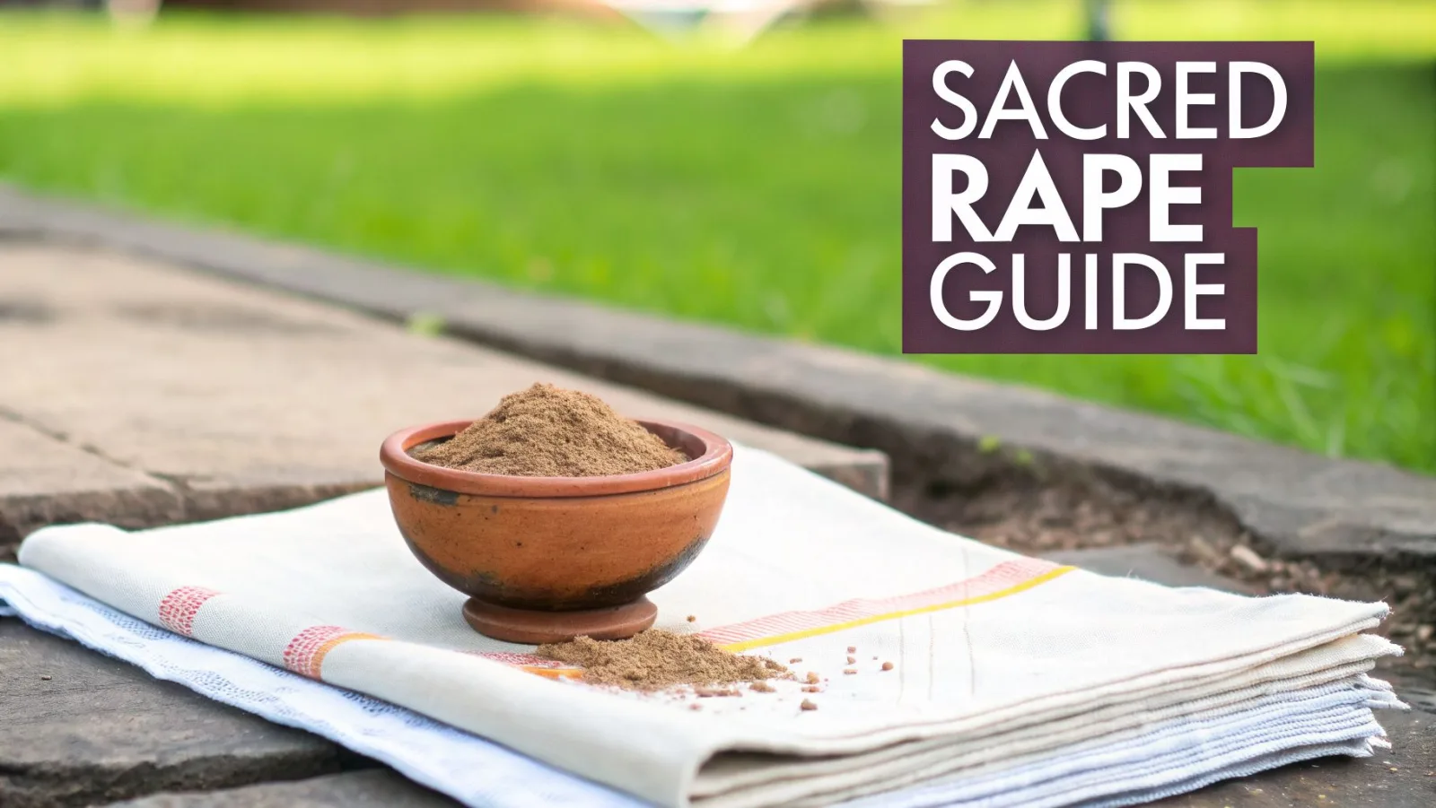 Eine rustikale Schale mit braunem Rapé-Pulver auf einem gestreiften Tuch, mit dem Textzusatz „SACRED RAPÉ GUIDE“.