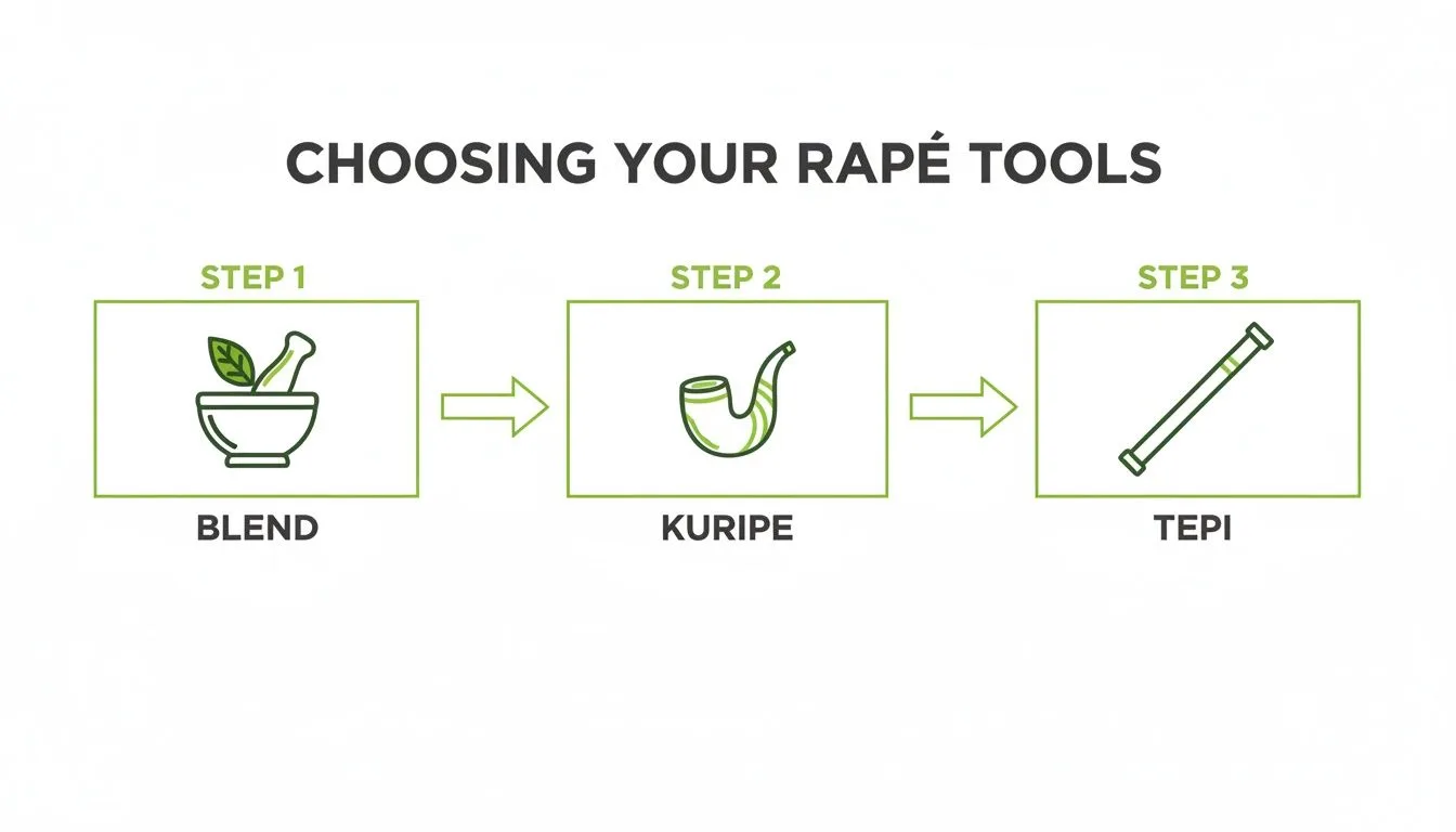 Diagram illustrating three steps for choosing Rapé tools: Blend, Kuripe (self-applicator pipe), and Tepi (shamanic pipe).