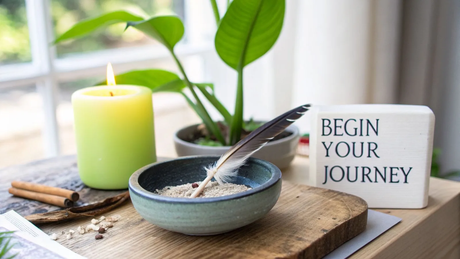 A lit green candle, a feather in a bowl of sand, and a 'Begin Your Journey' sign.