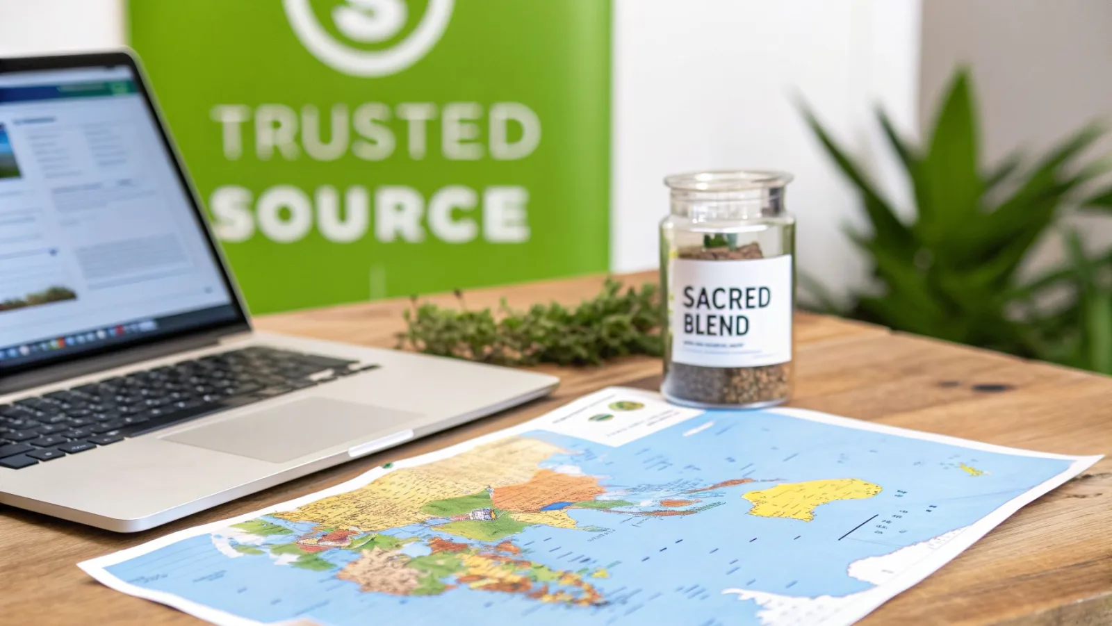 Ein Schreibtisch mit Laptop, Weltkarte und einem Glas „Sacred Blend“, als Sinnbild für globale Reichweite und Naturprodukte.