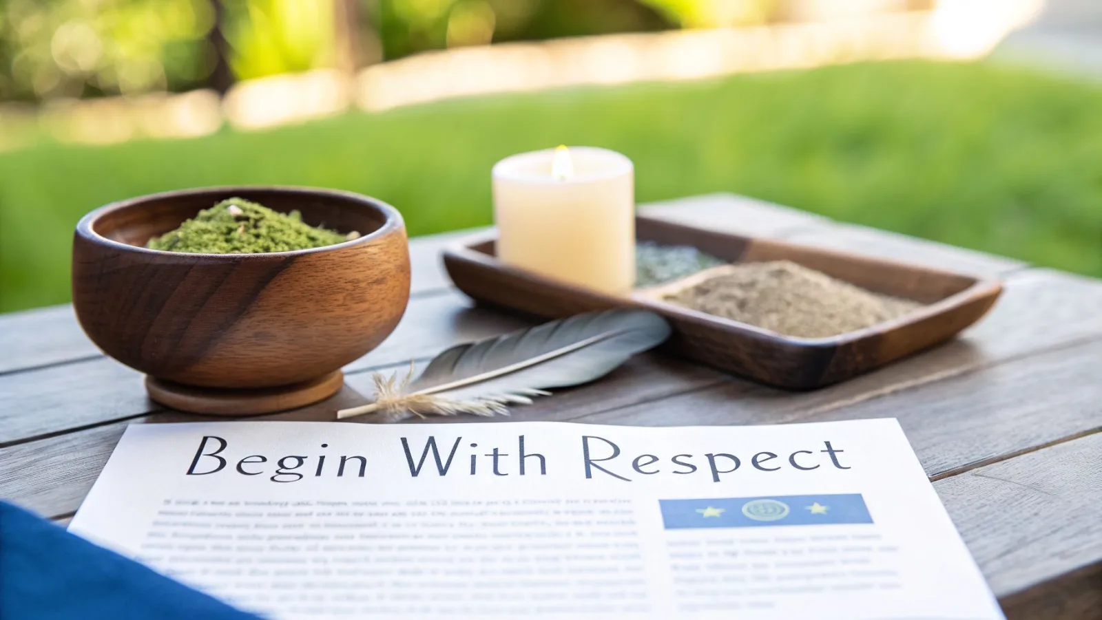 Ein achtsam gestaltetes Wellness-Ritual auf einem Holztisch mit Kräutern, einer brennenden Kerze und einem Zettel mit der Aufschrift „Begin With Respect“.