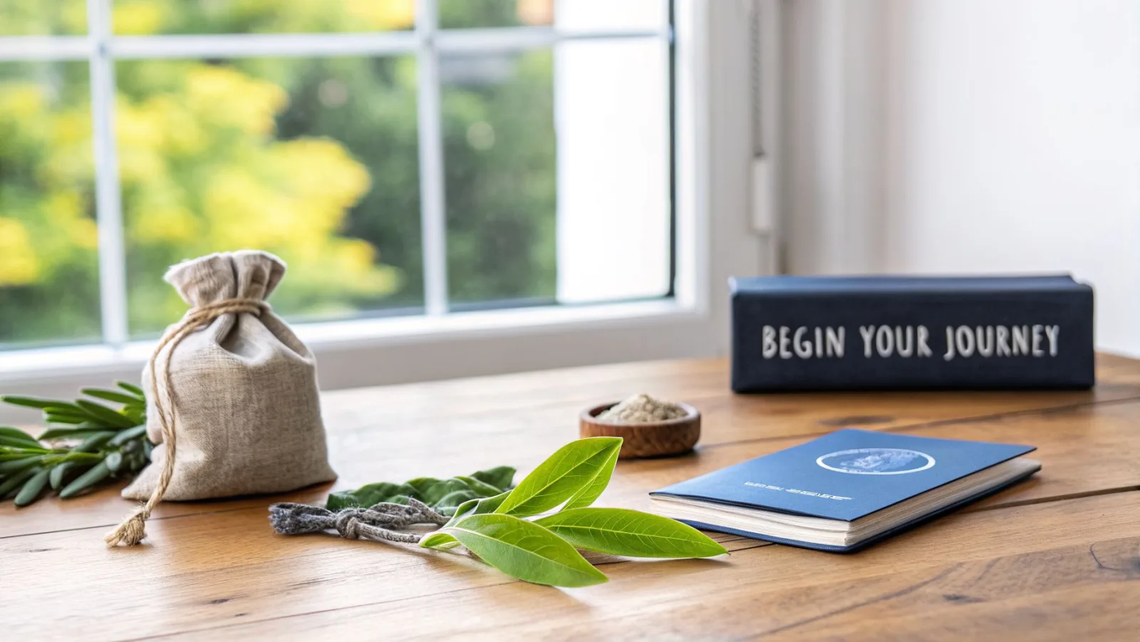Ein Schreibtisch mit einem Leinenbeutel, grünen Blättern, einer Schale mit Kräutern, einem blauen Notizbuch und einem Schild mit der Aufschrift „BEGIN YOUR JOURNEY“.