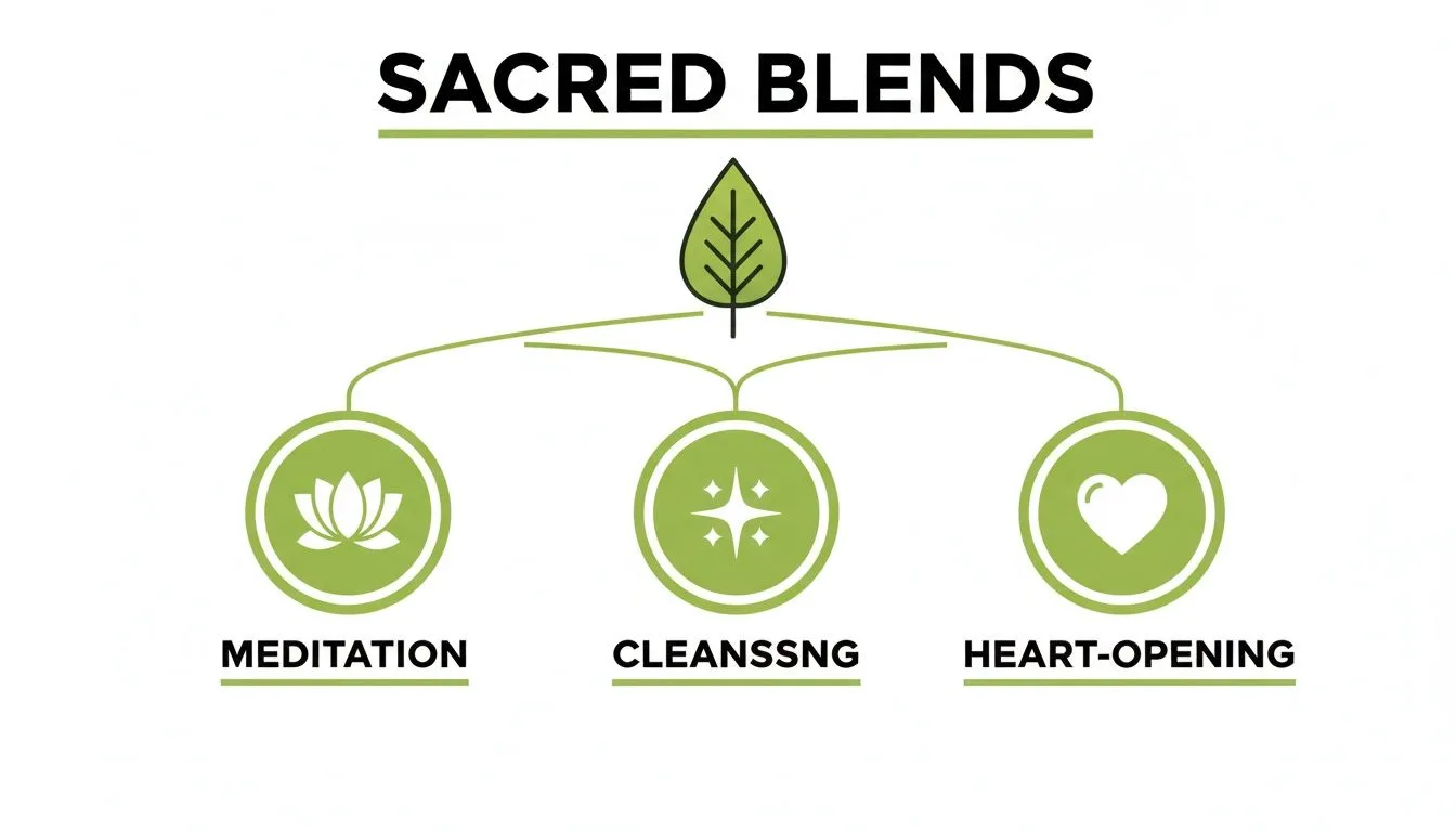 Eine Infografik mit dem Titel „Heilige Mischungen“, die ein Blatt-Symbol zeigt, das sich in Mischungen für Meditation, Reinigung und Herzöffnung verzweigt.
