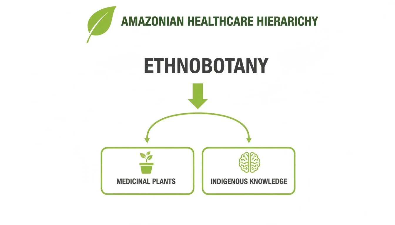 Diagramm der Hierarchie der amazonischen Gesundheitspflege, in dem sich die Ethnobotanik in Heilpflanzen und indigenes Wissen verzweigt.