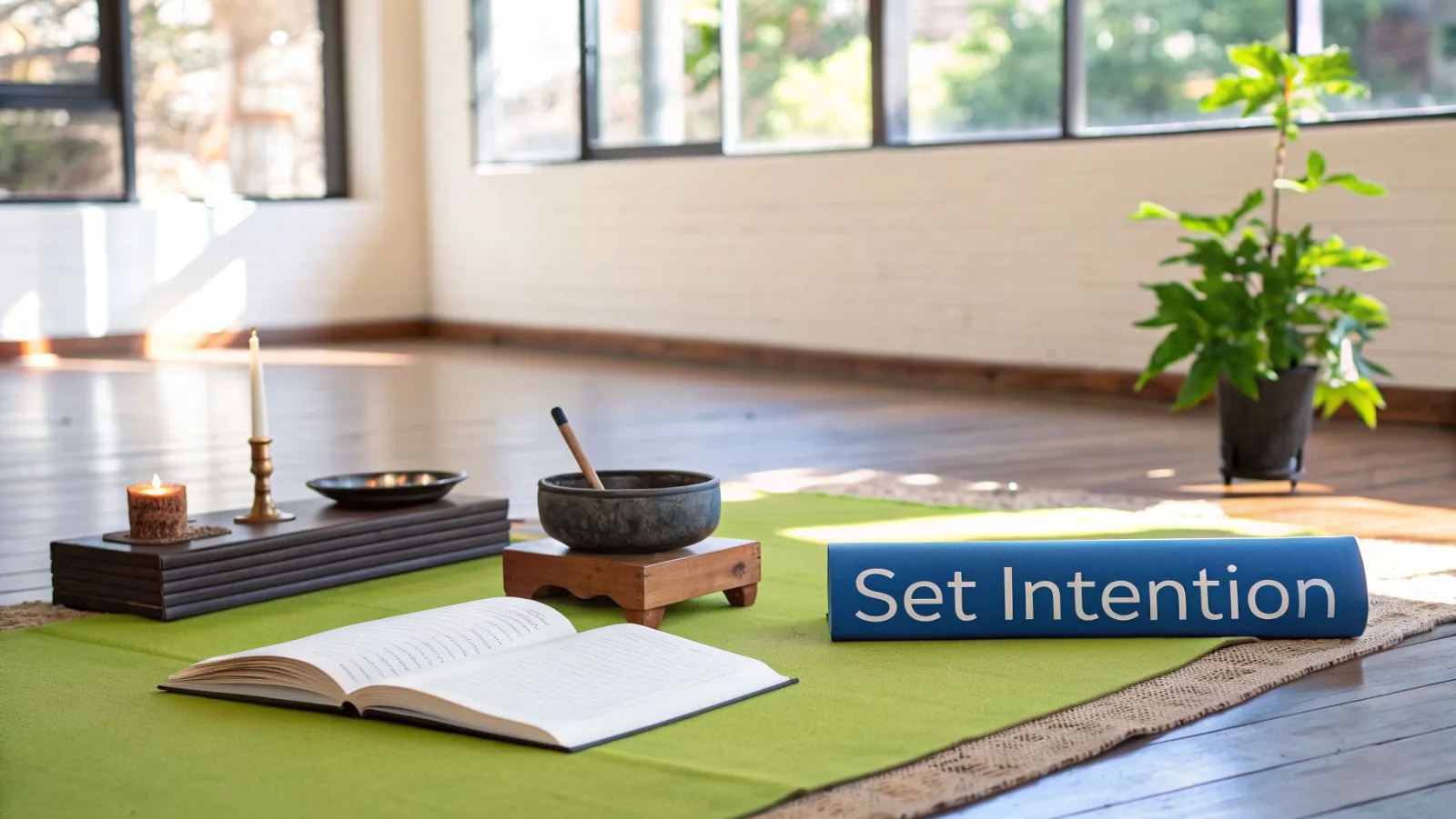 Ein ruhiger Meditationsraum mit einer grünen Yogamatte, Kerzen, einer Klangschale und einem aufgeschlagenen Buch.