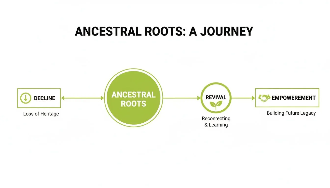Ein Flussdiagramm mit dem Titel „Ancestral Roots: A Journey“, das die Phasen Niedergang, Wurzeln, Wiederbelebung und Stärkung zeigt.